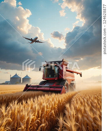 Golden wheat harvest at dawn: modern agriculture meets aviation in expansive countryside scene 124628877