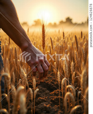 Golden wheat harvest at sunrise - hand touching nature's bounty for agricultural inspiration and growth 124628878