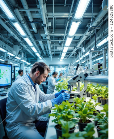 Innovative urban farming laboratory: scientists advancing agricultural research in a modern indoor facility 124628890