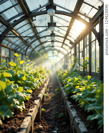 Lush greenhouse oasis: sunlit pathway of thriving plants in sustainable urban garden setting 124628896