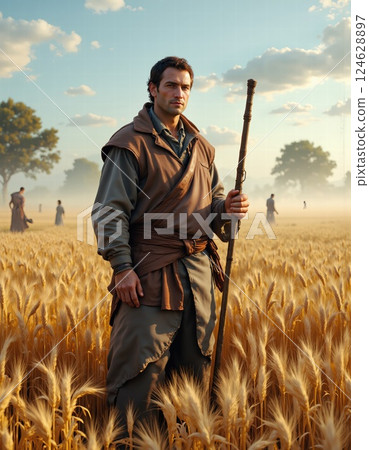 Medieval harvest scene in golden wheat field with people and clouds - historical agricultural theme for autumn concepts Medieval harvest scene in golden wheat field with people and clouds - historical agricultural theme for autumn concepts 124628897