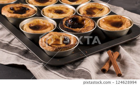 Freshly cooked egg tarts 124628994