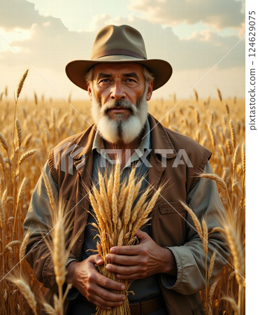 Rustic farmer with wheat: autumn harvest in golden wheat field 124629075