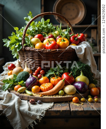Rustic harvest feast: vibrant basket of fresh vegetables on wooden table for autumn cooking inspiration 124629082