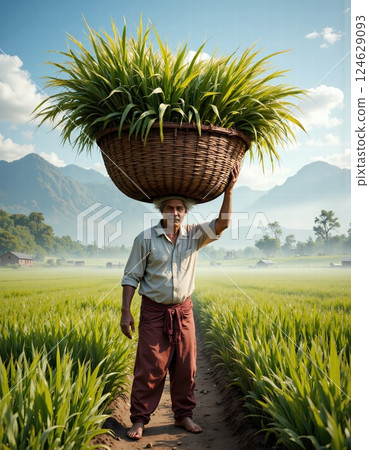 Serene agricultural landscape and traditional farming in idyllic countryside setting 124629093