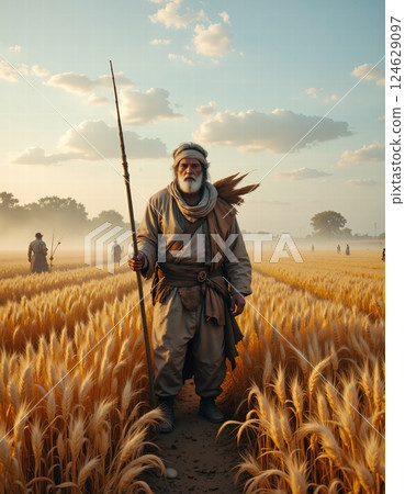 Serene golden wheat field with travelers at sunset: ancient journey theme for storytelling and visual narratives 124629097