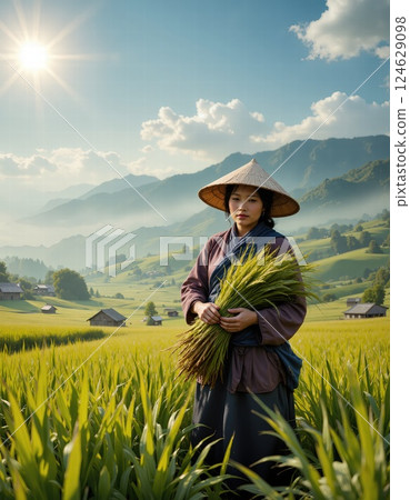 Serene rural harvest: woman in traditional attire holding fresh crops in sunlit countryside 124629098