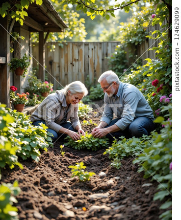 Serene senior couple gardening in lush flower-filled backyard garden oasis, perfect for nature-lovers and tranquil escapes 124629099