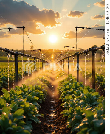Sustainable agriculture: vibrant green fields with efficient irrigation at sunset - perfect for eco-friendly farm designs 124629120