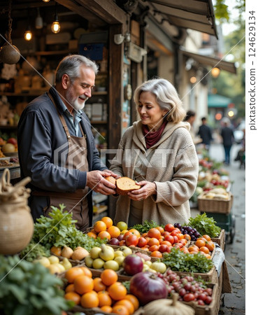 Vibrant autumn farmers market scene with fresh produce and friendly interaction 124629134