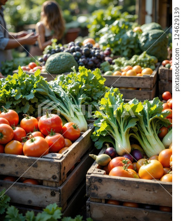 Vibrant farmers market harvest display with fresh vegetables and fruits in wooden crates for seasonal inspiration 124629139