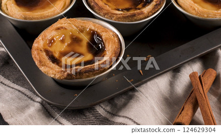 Freshly cooked egg tarts 124629304