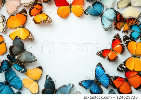 Colorful butterflies arranged in a vibrant circular pattern on a light background 124629720