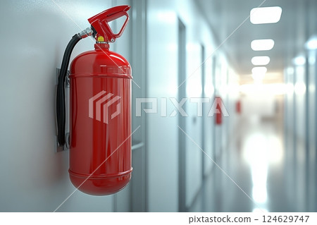 Essential fire safety equipment mounted on a wall in a modern building corridor 124629747