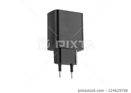 power adapter, charging adapter with USB and Type-C connector on isolated and white background, power adapter, charging adapter with USB and Type-C connector on isolated and white background, 124629786