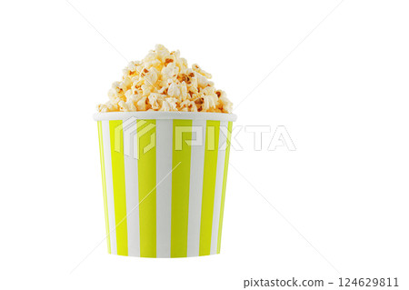 Delicious popcorn, classic box, classic paper cup with Yellow stripe, isolated on white background Delicious popcorn, classic box, classic paper cup with Yellow stripe, isolated on white background 124629811