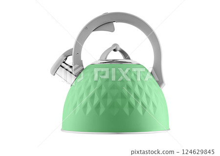 kettle with whistle, matte green color, with rhombus texture on isolated and white background kettle with whistle, matte green color, with rhombus texture on isolated and white background 124629845