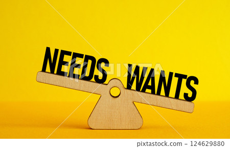 Scales with the words wants and needs. Priorities. Scales with the words wants and needs. Priorities. 124629880