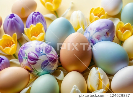 Bright crocus buds and transparent Easter egg on a pastel background 124629887