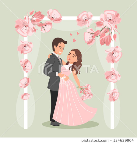 Bride and groom on the background of open doors with flowers, happy newlyweds. Family concept. Wedding illustration Bride and groom on the background of open doors with flowers, happy newlyweds. Family concept. Wedding illustration 124629904