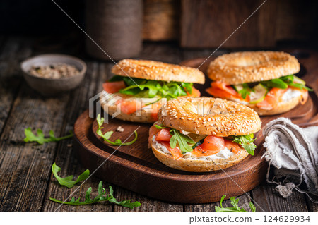 Bagel sandwich with salmon Bagel sandwich with salmon 124629934