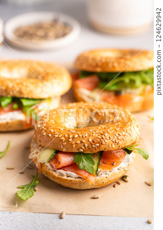 Bagel sandwich with salmon Bagel sandwich with salmon 124629942