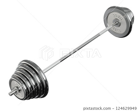 Cast Iron Adjustable Barbell with plates, weightlifting gym equipment, side view Cast Iron Adjustable Barbell with plates, weightlifting gym equipment, side view 124629949