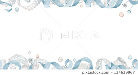 Seamless border with sewing accessories in soft colors. White crochet lace, blue curly ribbon, buttons, beads in watercolor style. Delicate background for design and decoration. 124629967