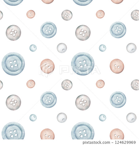 Sewing buttons seamless pattern. Blue plastic and wooden buttons and beads, needlework accessories in watercolor style. Hand painted illustration for fabric, wallpaper, fashion, decoration. Sewing buttons seamless pattern. Blue plastic and wooden buttons and beads, needlework accessories in watercolor style. Hand painted illustration for fabric, wallpaper, fashion, decoration. 124629969