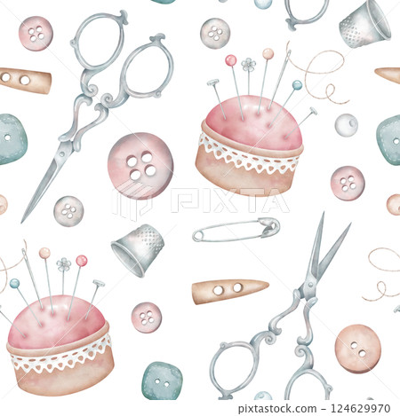 Sewing accessories seamless pattern. Scissors, pincushion, buttons, thimble and different tailor tools in watercolor style. Hand painted illustration for fabric, wallpaper, fashion, decoration. 124629970