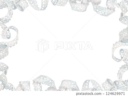 White crochet lace horizontal frame. Decorative twisting ribbon composition in watercolor style. Sewing accessory clipart for greeting card design, wedding invitation 124629971