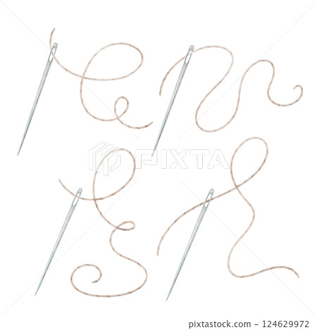 Sewing needle with a thread in four different versions. Hand drawn sewing tools in watercolor style.  Set of embroidery graphic elements for design. 124629972