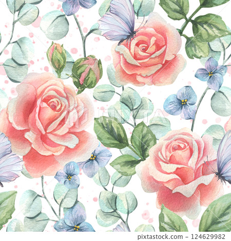 Pink roses with leaves and buds with hydrangea and eucalyptus, butterflies and paint splashes. Watercolor illustration hand drawn in soft pastel colors. Seamless pattern infinitely repeating ornament 124629982