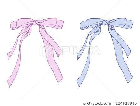 Satin bow made of fabric, narrow in two layers with long twisted ribbons. Graphic sketch illustration hand drawn line art, outline in blue and pink. Single isolated element vector EPS, for decoration Satin bow made of fabric, narrow in two layers with long twisted ribbons. Graphic sketch illustration hand drawn line art, outline in blue and pink. Single isolated element vector EPS, for decoration 124629989