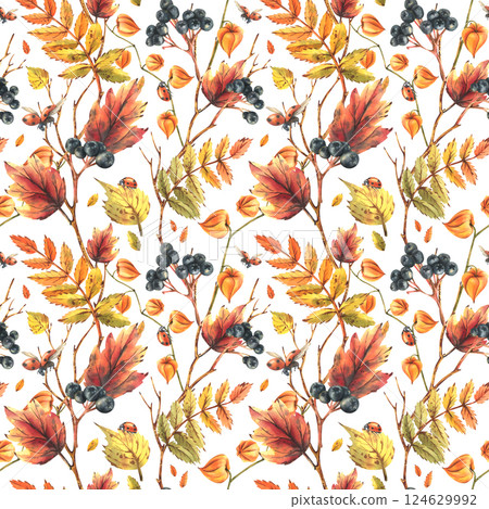 Autumn berries physalis, chokeberry, rowan leaves, maple, birch, tree branches and ladybugs. Watercolor illustrations. Seamless pattern on a white background Autumn berries physalis, chokeberry, rowan leaves, maple, birch, tree branches and ladybugs. Watercolor illustrations. Seamless pattern on a white background 124629992