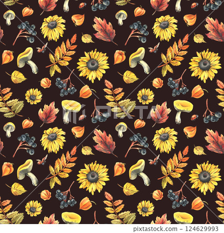 Autumn berries physalis, chokeberry, rowan leaves, maple, birch, russula mushrooms, rudbeckia flowers, tree branches and ladybugs. Watercolor illustrations. Seamless pattern on dark background 124629993