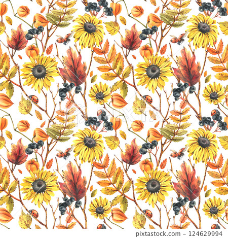 Autumn berries physalis, chokeberry, rowan leaves, maple, birch, rudbeckia flowers tree branches and ladybugs. Watercolor illustrations. Seamless pattern on a white background Autumn berries physalis, chokeberry, rowan leaves, maple, birch, rudbeckia flowers tree branches and ladybugs. Watercolor illustrations. Seamless pattern on a white background 124629994