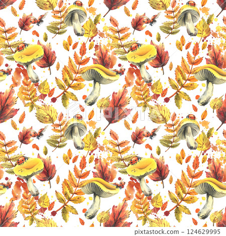 Autumn rowan leaves, maple, birch, russula mushrooms, tree branches and ladybugs. Watercolor illustrations. Seamless pattern on a white background 124629995