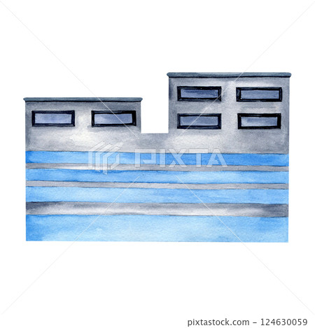 Modern factory building or warehouse facade with windows. Industrial plant watercolor isolated on white. For urban cityscape compositions of Environmental pollution designs. Background architecture Modern factory building or warehouse facade with windows. Industrial plant watercolor isolated on white. For urban cityscape compositions of Environmental pollution designs. Background architecture 124630059