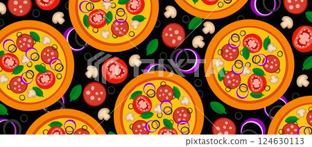 Pizza backdrop. Whole pizza pattern on black background. Fast food cover. 124630113