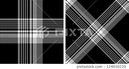 Set black and white check plaid seamless vector pattern. 124630239