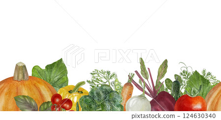 Fall vegetables harvest watercolor banner. Farm plants template with copy space for rustic farm designs. Orange pumpkin, bell pepper, and cherry tomatoes with green leaves 124630340