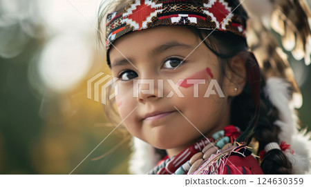 portrait of a little girl in a traditional costume of the Indians of North America, a braided headband with a national ornament, a crown of feathers 124630359