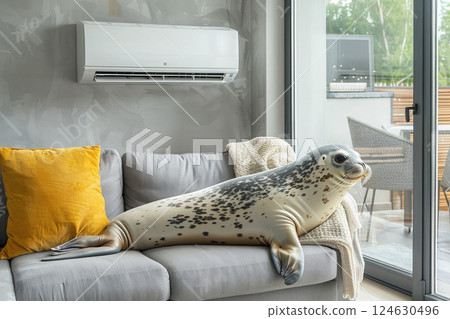 A seal lies on a sofa in a living room and looks at an air conditioner. The seal cools off under the cold air of the air conditioner, imagining the North Pole 124630496