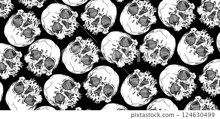 Skulls pattern on black background. Backdrop for halloween cover. Illustration with skulls for the Halloween. Scary goth cover vector background. 124630499