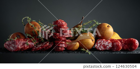 Dry-cured sausages, thyme and pears on a black background. 124630504