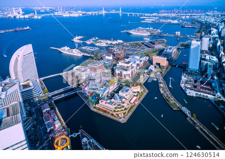View of Yokohama cityscape in Japan, including the first arrival of three ships, the Seabourn Quest, Asuka II, and Noordam at Shinko Pier 124630514