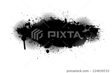 Splatter Paint Texture . Black Spray Blot of Ink. Place illustration Over any Object to Create Grungy Effect . hand drawn. Not AI, Vector 124630533