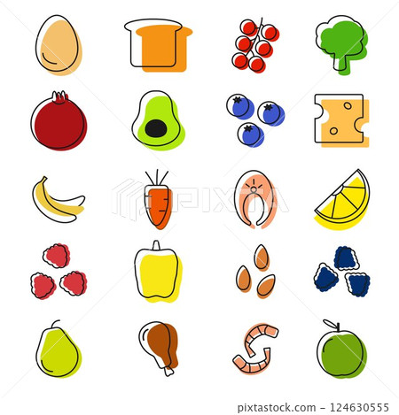 Healthy food line icons. A set of meals icon in color. For superfood, diet, clean eating. Vector illustration 124630555