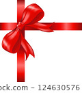 Red ribbon bow knot as design element for holidays design, gift boxes, satin warping decor realistic vector illustration. Vector illustration 124630576